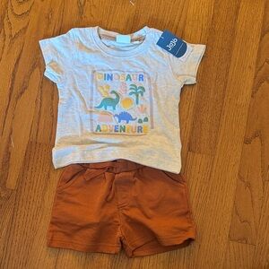 JoJo Maman Bébé Kids' White Dinosaur Adventure Tee & Rust Shorts Set